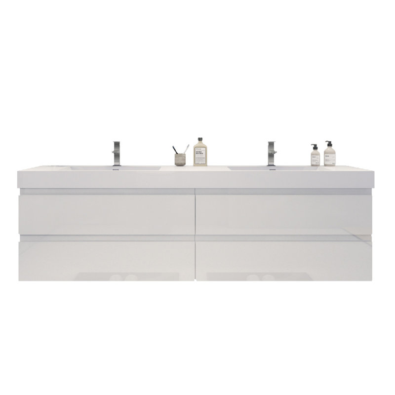 Ensemble de meuble-lavabo double mural 84 po Carnley, Blanc très luisant