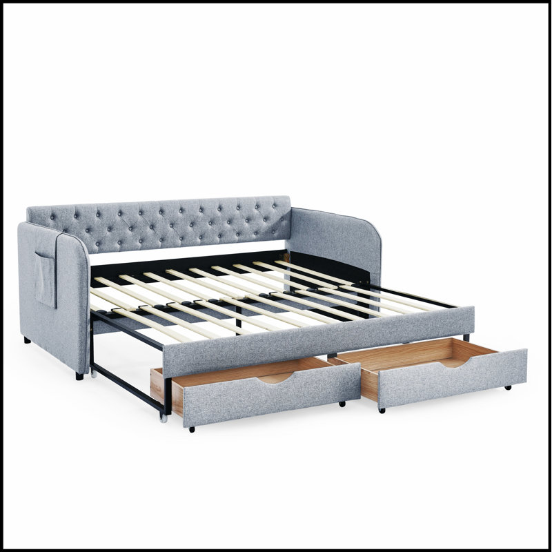 Upholstery Daybed with Trundle and Two Storage Drawers, Flat Arms with Pocket for Modern Comfort and Functionality, Gray