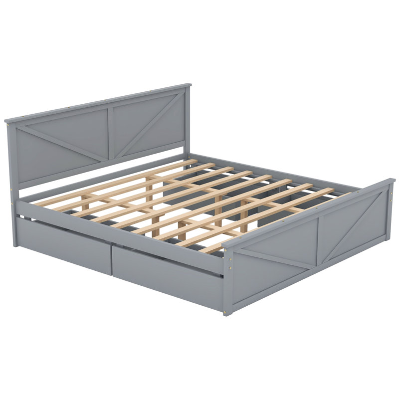 Lit plateforme en bois avec quatre tiroirs de rangement et pieds de soutien, Gris, Très grand lit