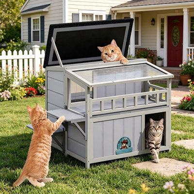 Abri pour chat en bois à 2 niveaux avec balcon et toit ensoleillé pour chat