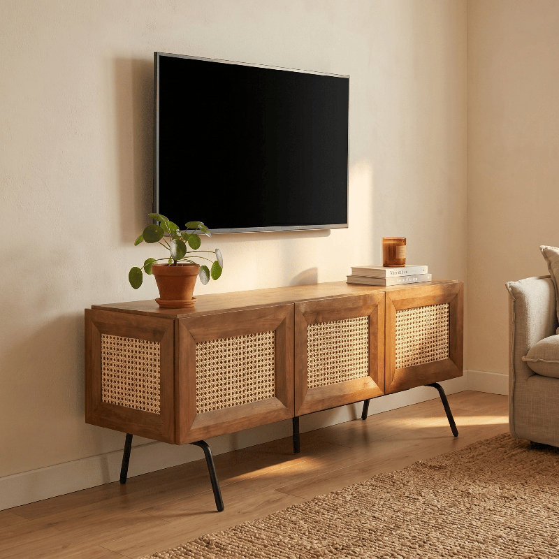 NTC Mossic TV Media Cabinet, Entertainment Center with Natural Rattan, Metal Legs, Modern Storage Console for Living Room and Bedroom, Effortless Assembly