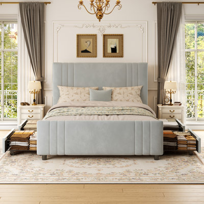 Velvet Upholstered Platform Bed with 4 Storage Drawers and Channel-Tufted Headboard