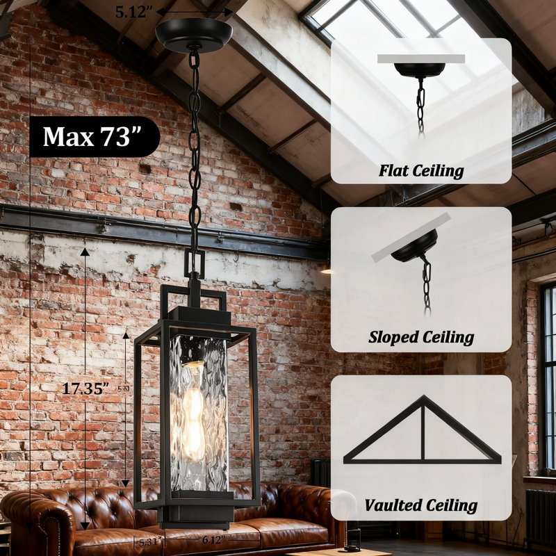 Beslowe Outdoor Pendant Light With Water Ripple Glass, Modern Hanging Lantern Fixture For Porch, Gazebo, Patio, Includes LED Bulb, All-Weather Black Exterior Chandelier
