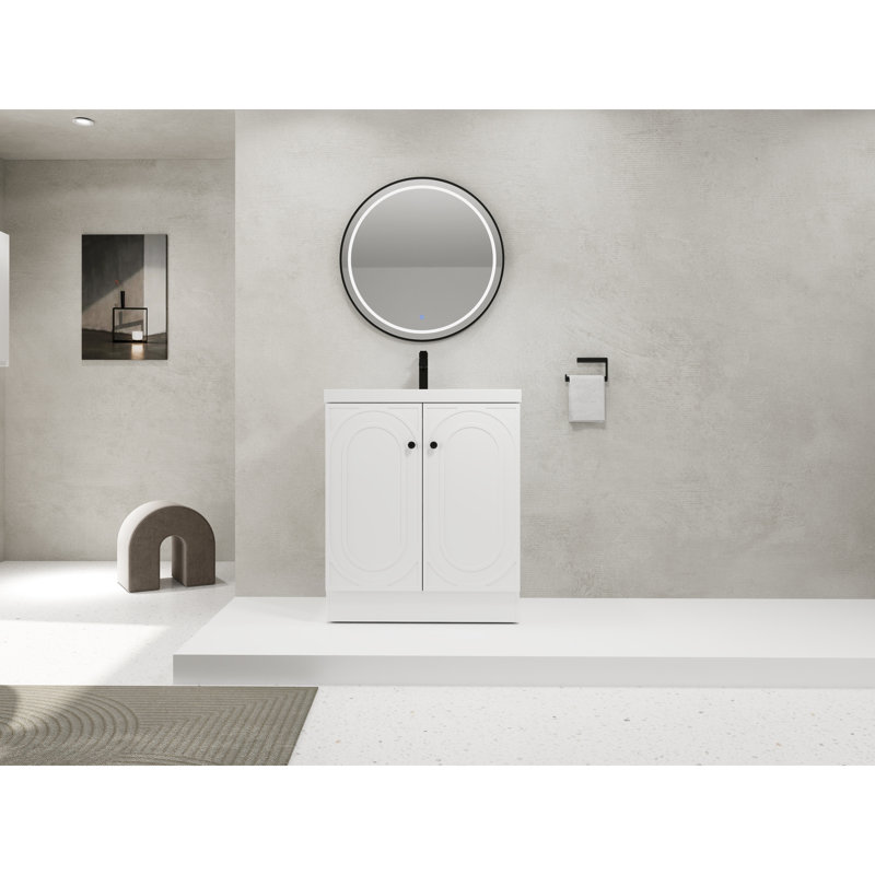 Armoire de salle de bain 30 po avec lavabo en résine blanche et porte à fermeture en douceur - Choix de charnières de meuble-lavabo