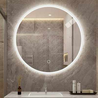 Miroir de salle de bain rond à DEL avec lumière, miroir de meuble-lavabo mural, antibuée, température de couleur réglable et fonction de gradation, convient aux miroirs de maquillage dans les chambres et les salles de bain