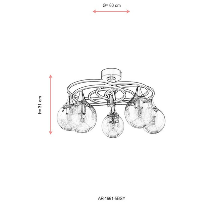 Industrial-Style Chandelier, Black & Bronze, 23.6 x 23.6 inches | Metal Body with Glass Cap, 5 x E27 Sockets (Max 6W) | Modern Lighting Fixture for Home, Office & Dining Spaces, IP20 Rated, Unique Design