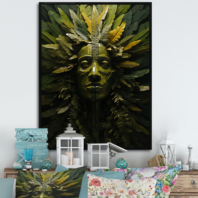 Masque de forêt tribal moderne I - impression, Cadre flottant noir, H 32 po x l 24 po x P 1 po