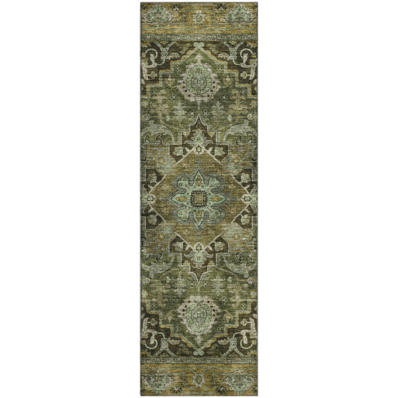 Premium Machine Washable Mayfield  global Rug, 2'3" x 7'6" Runner, Olive