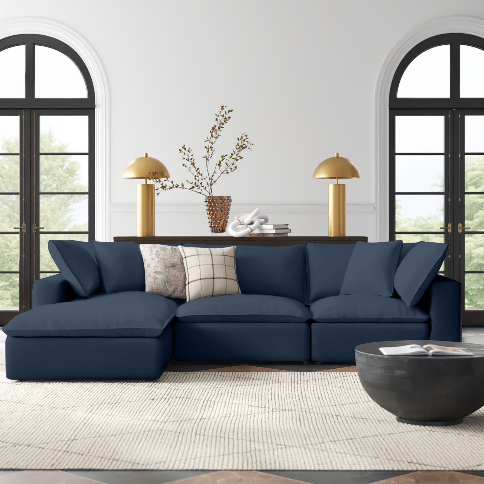 Ellaria Modular Sofa and Chaise, Navy Polyester