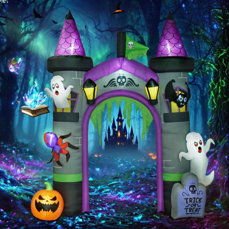 Arche gonflable d'Halloween avec fantôme, citrouille, araignée et chauve-souris pour un décor extérieur effrayant