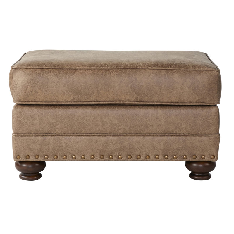 Faux Leather In Brown Color - Antique Bronze Nailheads, Wood Bun Feet, Rectangular Solid Pattern, Backless, American Traditional Style With Accent Medium Ginger Brown, Legs, Fashion