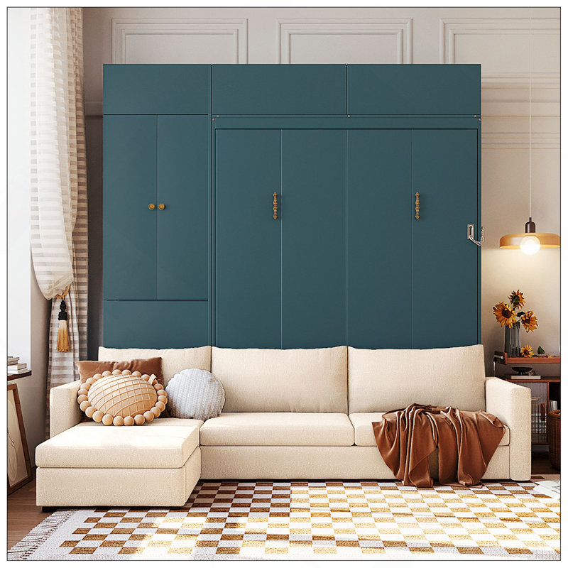 Grand lit escamotable mural avec canapé et tablettes, panneau vert, canapé beige