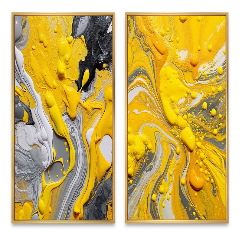 Ensemble d'art sur toile jaune et gris, 2 pièces - vibrations cosmiques jaunes et grises, H 40 po x l 40 po, Encadrement doré