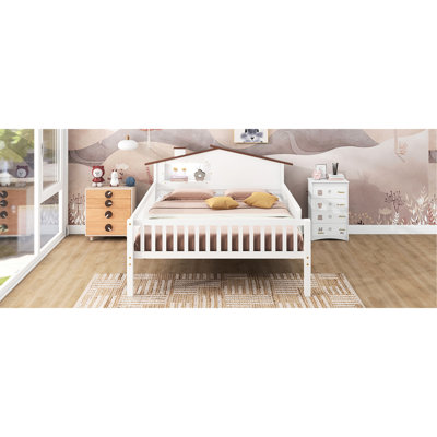 Lit double sur le thème de la maison avec rangement intégré, DEL, blanc - tête de lit en bois en forme de maison avec lit plateforme sécurisée Opulence