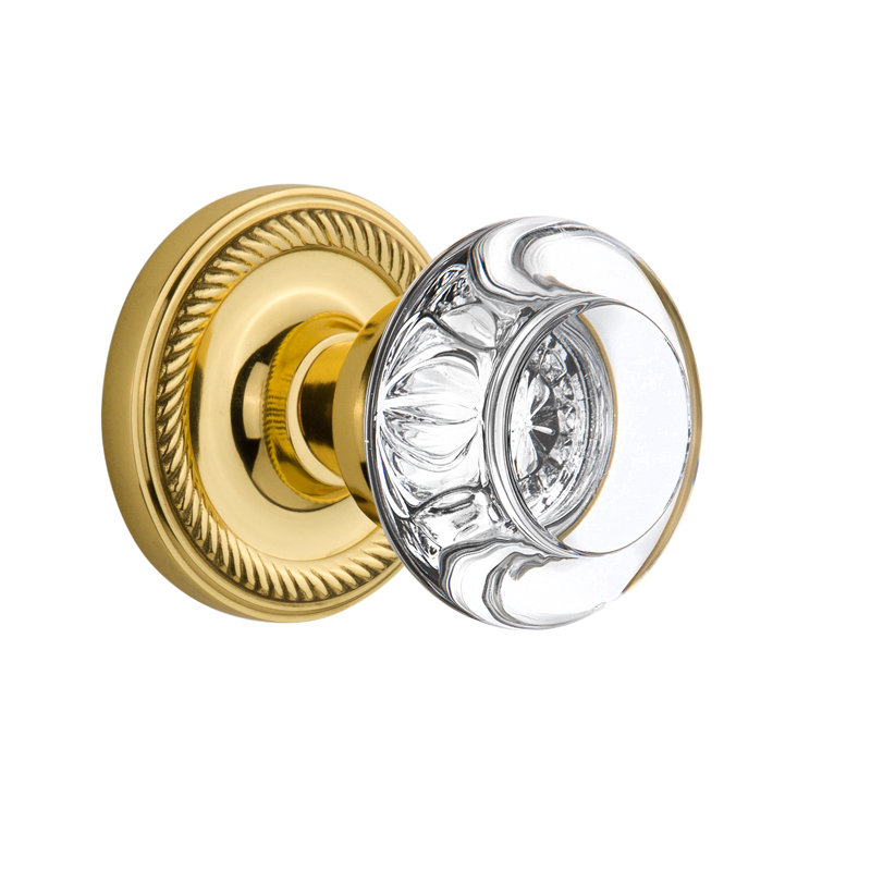 Rope Rosette with Round Clear Crystal Door Knob, Unlacquered Brass