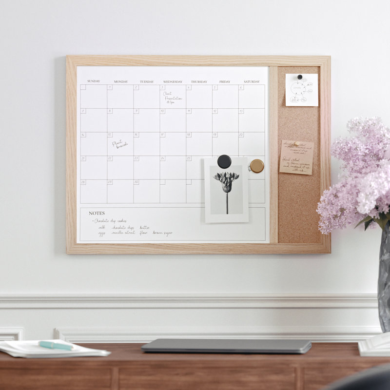 Thomas Martha Stewart Magnetic Dry Erase Monthly Calendar and Cork Board Combo with Included Marker, Magnets, Brown