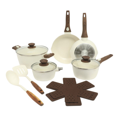 Batterie de cuisine antiadhésive en céramique 18 pièces Oster SmartHandle Advance - Finition lin mat, base à induction, poignées amovibles d'aspect bois, casseroles et poêles allant au four et au lave-vaisselle, avec ustensiles et protecteurs de casseroles