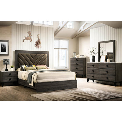 Grand lit en chêne gris foncé avec charme rustique, revêtement en tissu, lit à assemblage requis, nécessaire