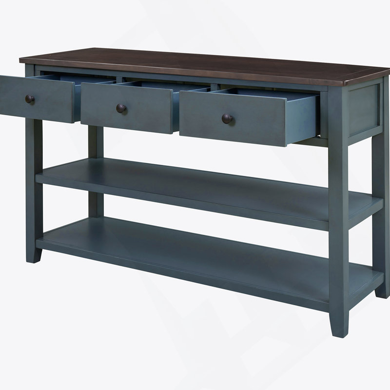 Console rétro avec deux tablettes ouvertes, structure en bois de pin massif et pieds pour le salon (bleu marine), Marine
