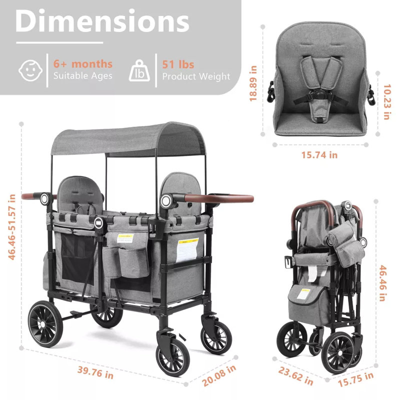 Folding Wagon Stroller for 2 Kids, Adjustable Handle, All-Terrain Shock-Absorbing Wheel, Detachable Tray, Diaper Bag, Gray