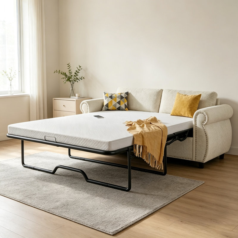 Latitude Full Size Convertible 2-in-1 Pull Out Loveseat Sofa with Mattress, Beige Velvet, 30" H x 81" W x 22" D