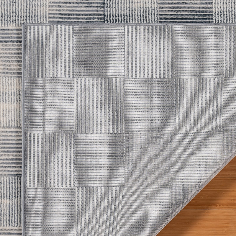 Checkered High-Low Indoor Area Rug, Blue Gray Modern Geometric Textured Polyester – Migliore Lyla, Rectangle 7'10" x 10'