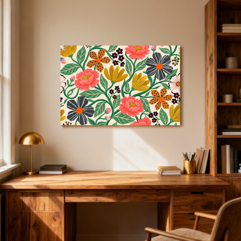 Motif floral de plantes et de fleurs aux couleurs vives et aux feuilles, H 20 po x l 30 po