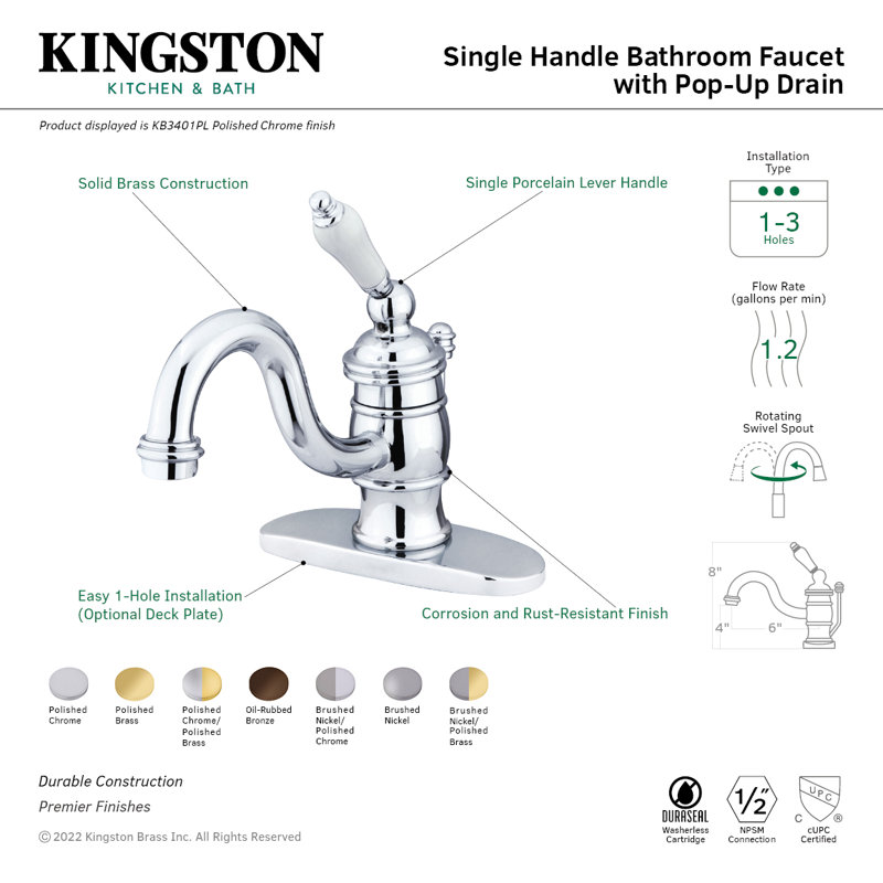 Kingston Brass Victorian Single-Handle 1-Hole Deck Mount Bathroom Faucet with Plastic Pop-Up, Oil Rubbed Bronze