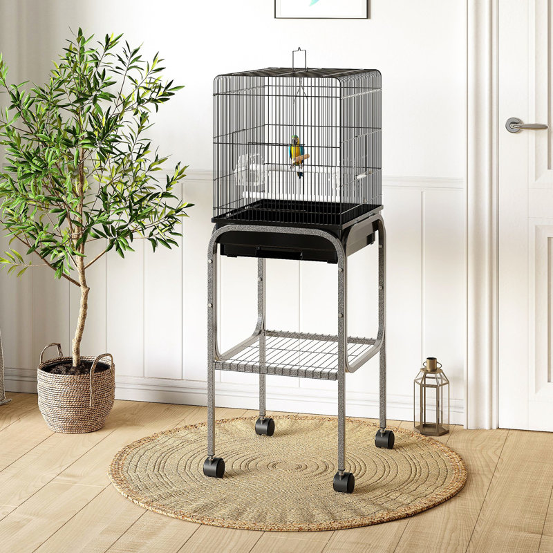 Cage à oiseaux en métal pour perroquets, 45 po - Volière spacieuse avec support amovible, panier de rangement et support pour perroquet noir de construction