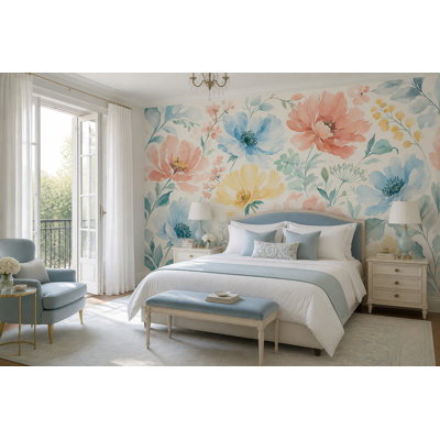 Papier peint floral, aquarelle, décoration murale pastel amovible