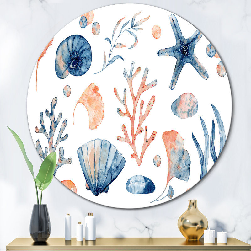 Coquillages bleus et roses sur fond blanc - art mural nautique et côtier en métal, H 23 po x l 23 po x P 1 po