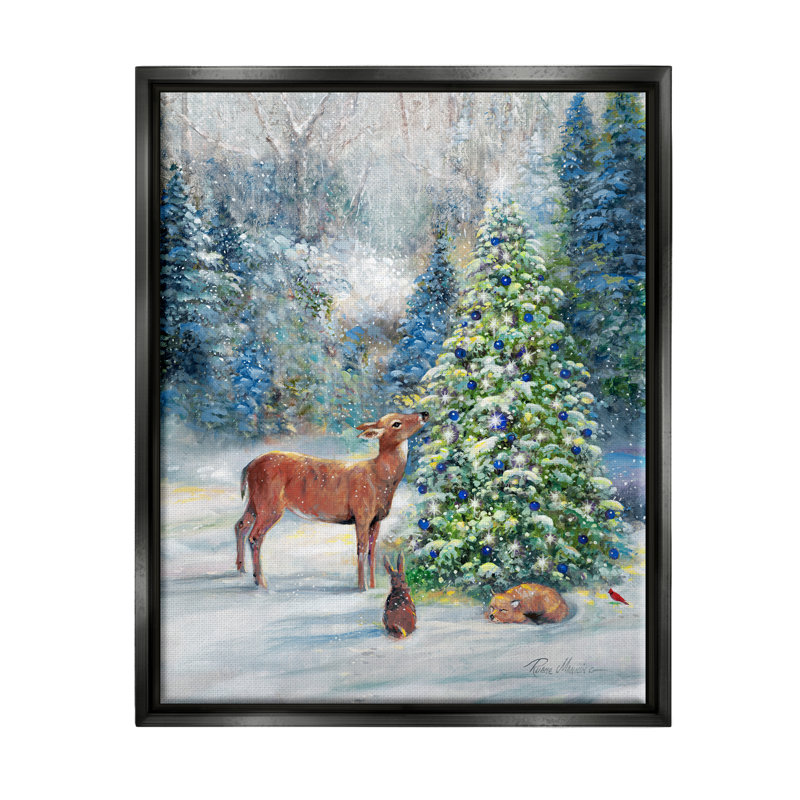 «Winter Woodland Animals Tree» par Ruane Manning, peinture, H 21 po x l 17 po x P 1,7 po, Cadre flottant noir de jais