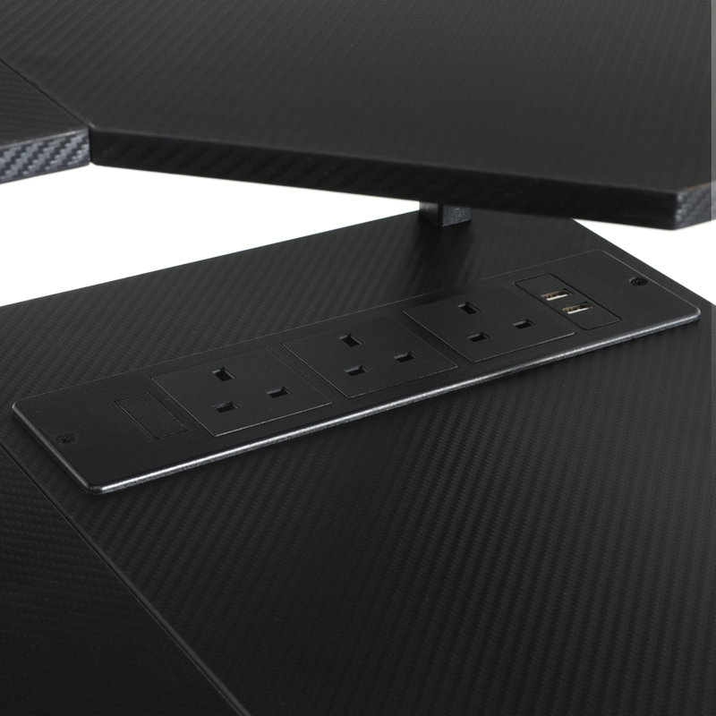 L-Shaped Metal Base Computer Desk with Power Outlet, Black, 92cm. H x 120cm. W x 50cm. D
