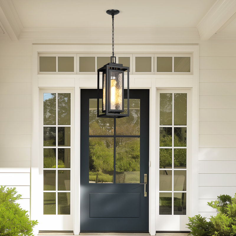 15" Outdoor Pendant Light, Modern Outside Hanging Porch Light, Black Outdoor Chandelier With Water-ripple Glass