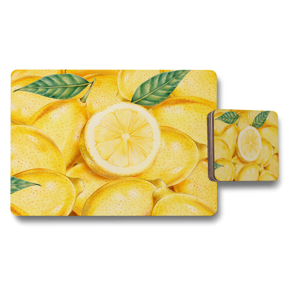 Lemon Themed Placemat And Coaster Set With Fresh Lemon Slice Design