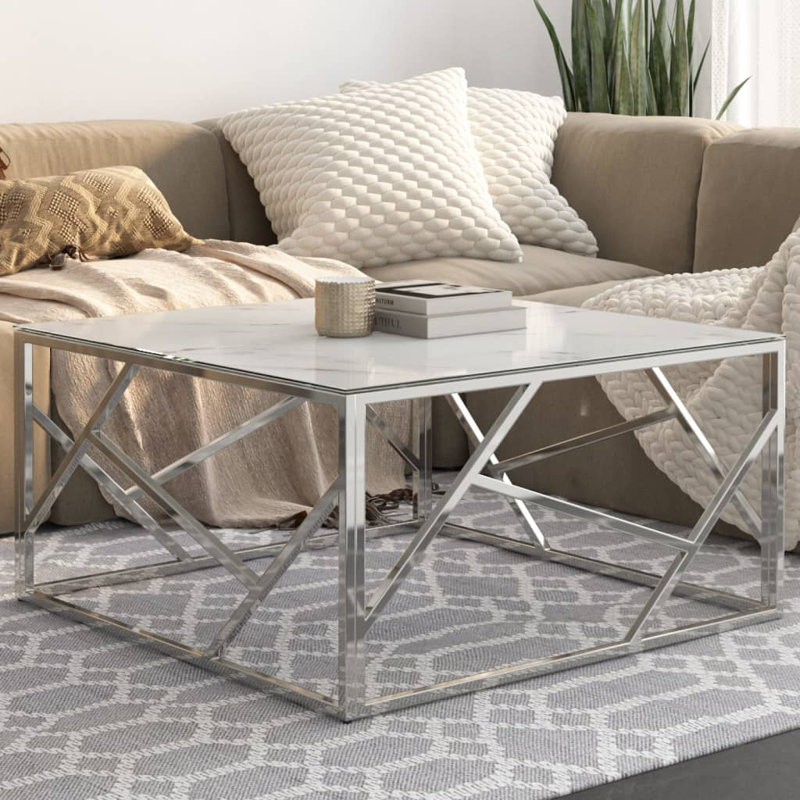 Table basse vidaXL Acier inoxydable, verre trempé, Blanc, H 15,75 po x l 31,50 po x L 31,50 po