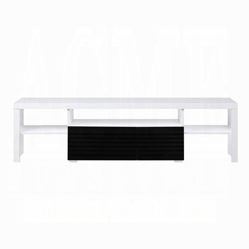 Meuble télé blanc brillant noir à 3 tablettes, adapté pour 80 po avec rallonge de tiroir en métal
