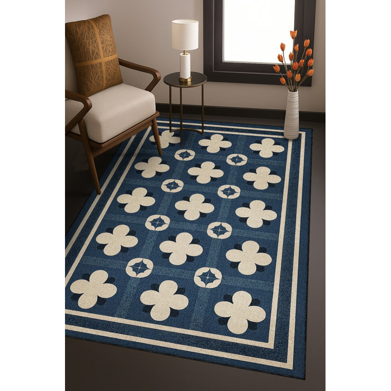 Tapis bleu tissé lavable rétro Mosso, 3 pi 11 po x 5 pi 11 po