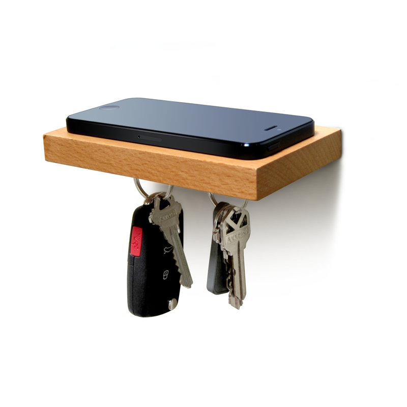 Solid Wood Wall Organizer with Key Hooks, Natural