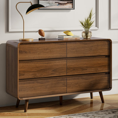 Bedroom Dresser with 6 Drawer, Wood Walnut Modern Dresser, 47.2" W x 15.8" D x 30.7" H