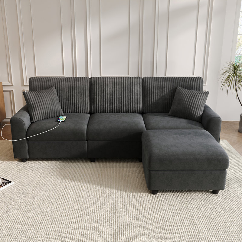 3 Seater Chenille Chaise End Sofa, Grey