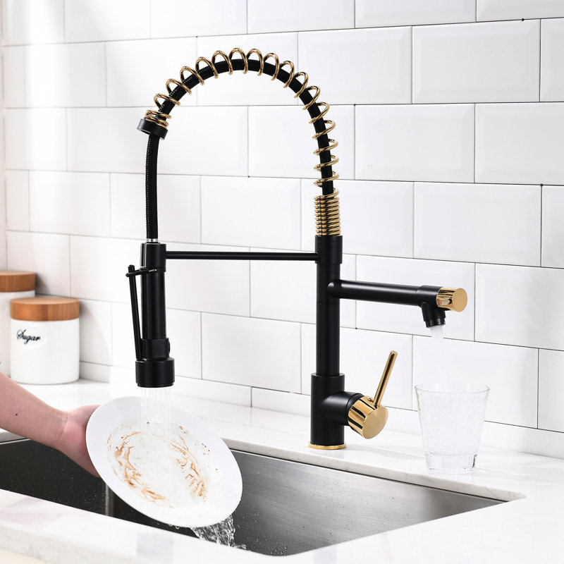 Robinet d'évier de cuisine avec douchette rétractable, noir mat et doré, rotation de 360 degrés, poignée simple rotative, levier à utiliser
