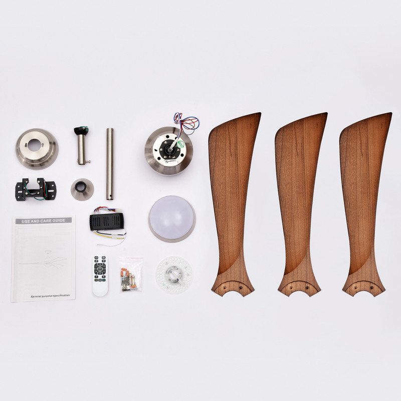 Ventilateur de plafond en bois massif 52 po avec lumière, moteur à courant continu silencieux à 3 pales, télécommande et réversible pour le salon et la chambre à coucher (nickel teinté)