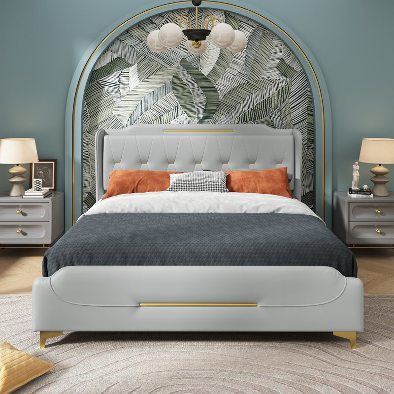 Queen Size PU Leather Platform Bed with Wingback Headboard - No Box Spring Needed, Heavy Duty Bed Frame for Bedroom, Grey