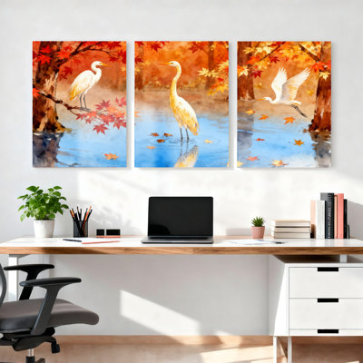 Automne feuilles d'érable et hérons blancs, reproduction d'art sur toile tendue sur toile, ensemble de 3 pièces pour salon, chambre à coucher, décoration intérieure