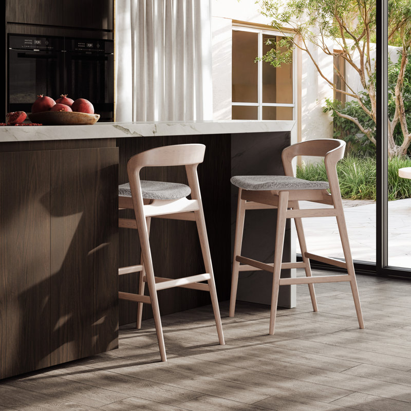 Modern Brazilian Upholstered Stool with Solid Wood Frame, Crafted Glaze Performance Boucle