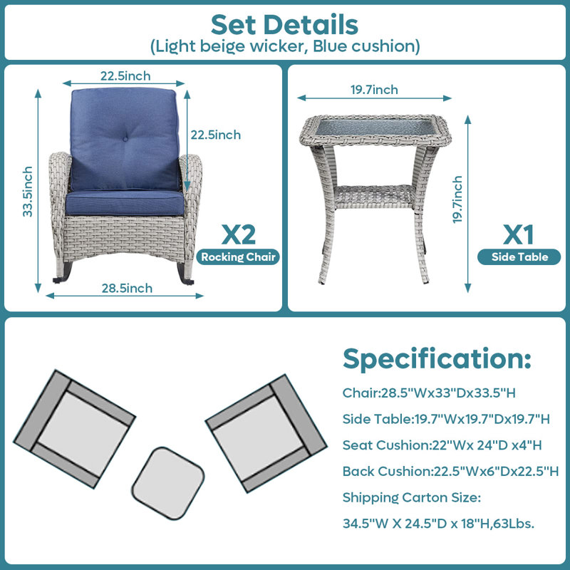 Wicker Rattan Outdoor Rocking Chair Set With Side Table (2 Chairs And 1 Side Table)