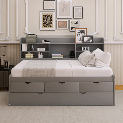 Wood Frame Twin Size Captain Bed With Built-In Bookshelves,Three Storage Drawers And Trundle by Latitude Run