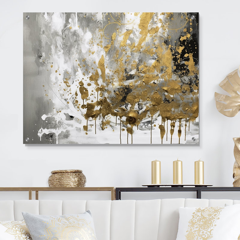 Blanc et or moderne abstrait - art mural abstrait en acrylique pour le salon, H 12 po x l 20 po