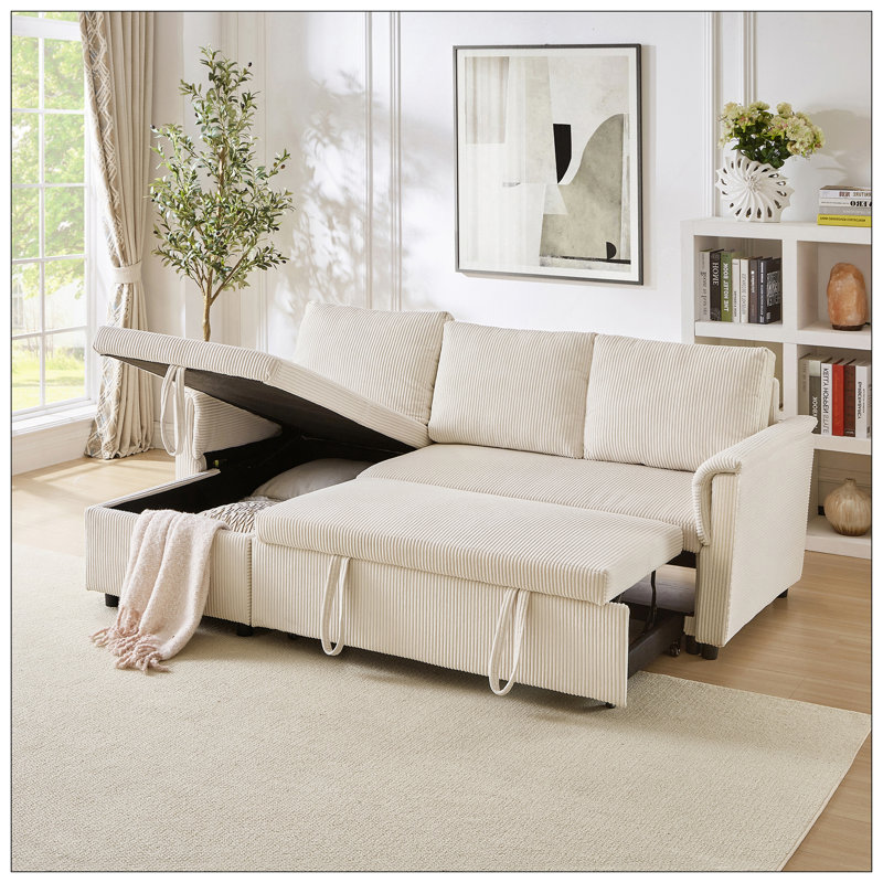 Canapé-causeuse avec méridienne et canapé-lit modulaire en L avec méridienne et rangement, Beige